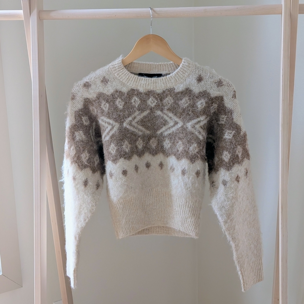 NWT Zara Brushed Fair Isle Abstract Geometric Crewneck Sweater In Ivory/Tan - XS - Picture 4 of 7
